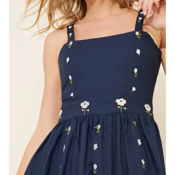 Anthropologie Fanm Mon Hulya Embroidered Midi Dress Size XL Navy Blue Midi - Picture 2 of 7